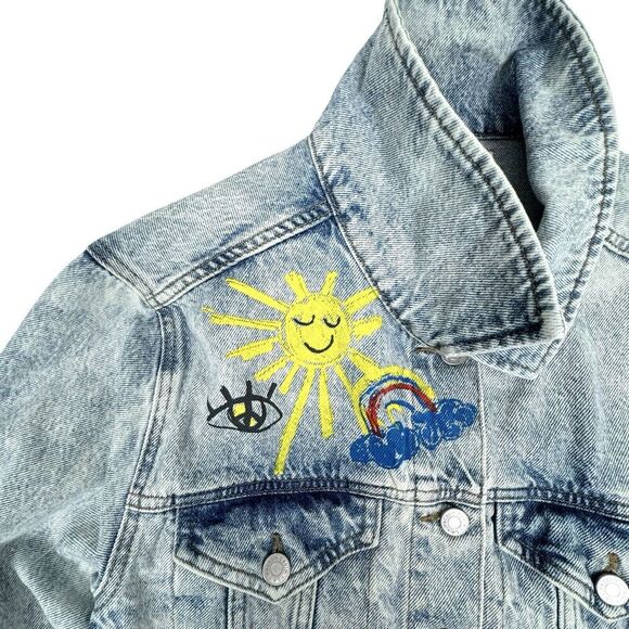 Pacsun Crop Denim Jacket Medium Graffiti Skater Distressed Painted Art Sun Peace - Picture 4 of 13